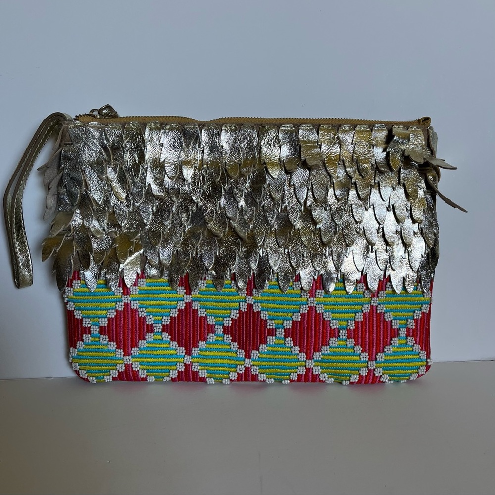 Anthropologie oversized wristlet clutch metallic and beaded